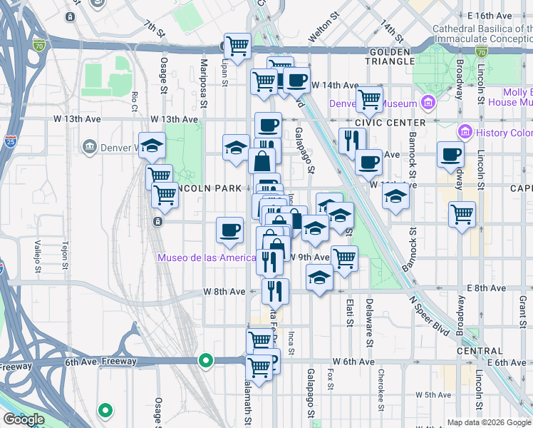 map of restaurants, bars, coffee shops, grocery stores, and more near 937 Santa Fe Drive in Denver