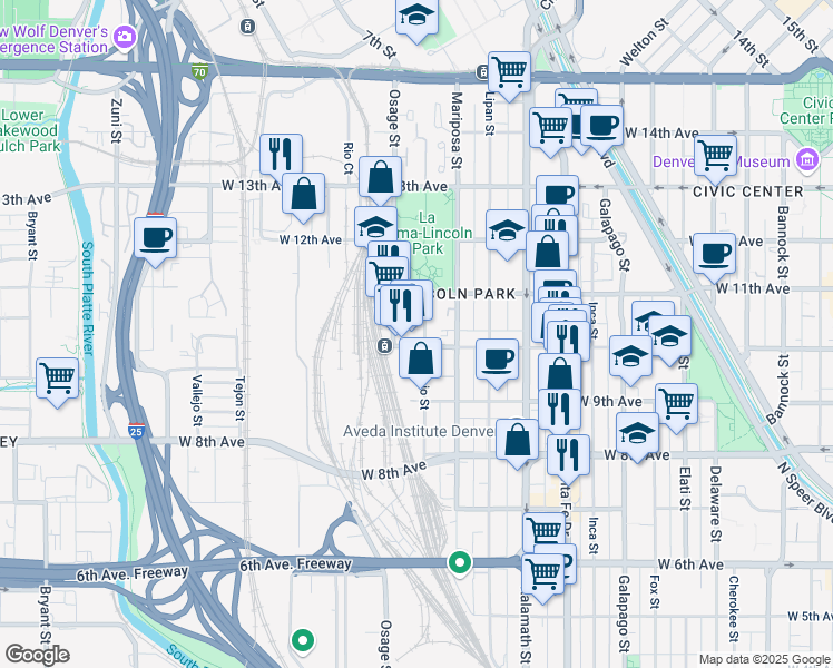 map of restaurants, bars, coffee shops, grocery stores, and more near 1322 West 10th Avenue in Denver