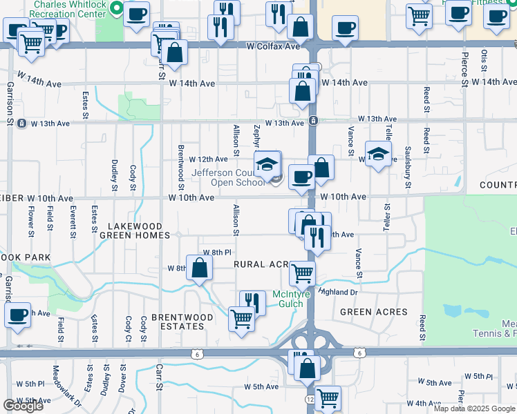 map of restaurants, bars, coffee shops, grocery stores, and more near 7920 West 10th Avenue in Lakewood