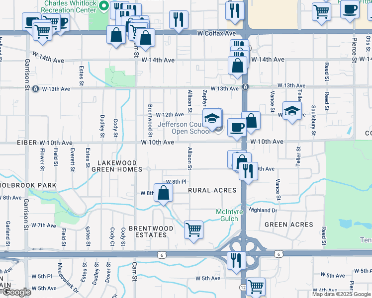 map of restaurants, bars, coffee shops, grocery stores, and more near 947 Allison Street in Lakewood