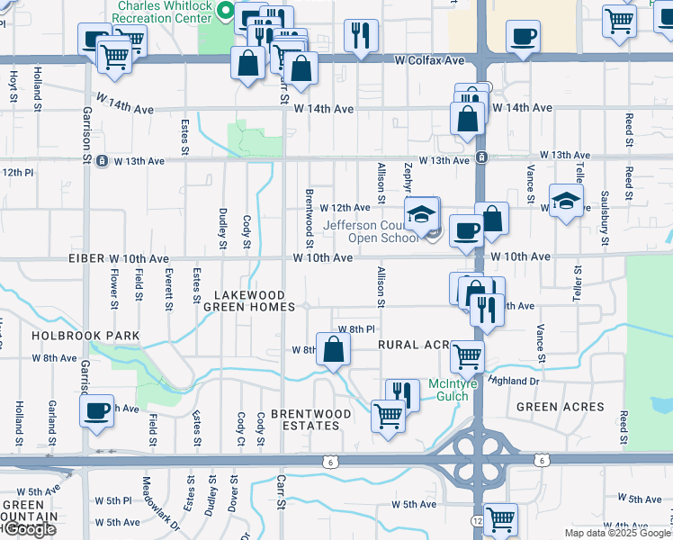 map of restaurants, bars, coffee shops, grocery stores, and more near 8181 West 9th Avenue in Lakewood
