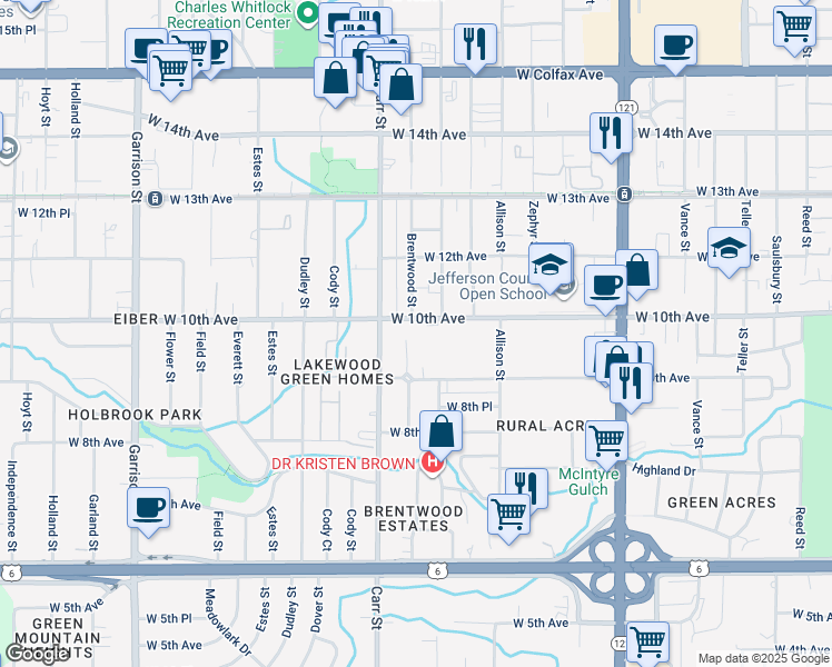 map of restaurants, bars, coffee shops, grocery stores, and more near 949 Brentwood Street in Denver