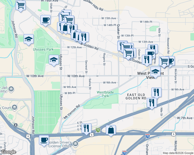 map of restaurants, bars, coffee shops, grocery stores, and more near 16675 West 9th Avenue in Golden