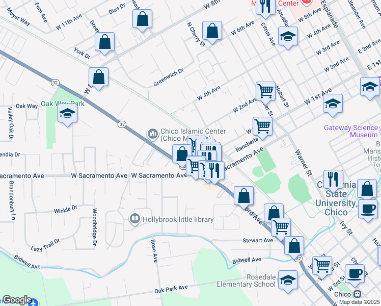 map of restaurants, bars, coffee shops, grocery stores, and more near 1016 West Sacramento Avenue in Chico