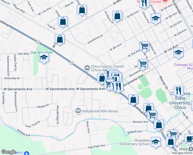 map of restaurants, bars, coffee shops, grocery stores, and more near 1104 California 32 in Chico
