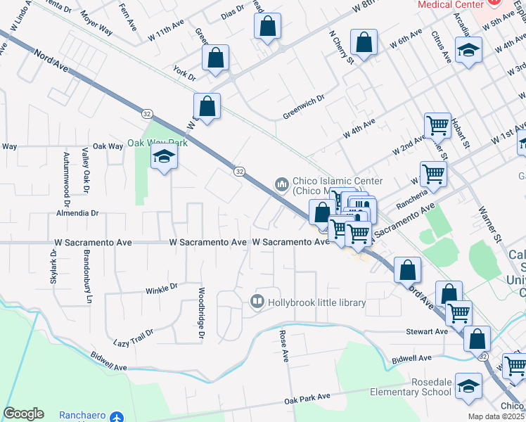 map of restaurants, bars, coffee shops, grocery stores, and more near 1212 West Sacramento Avenue in Chico