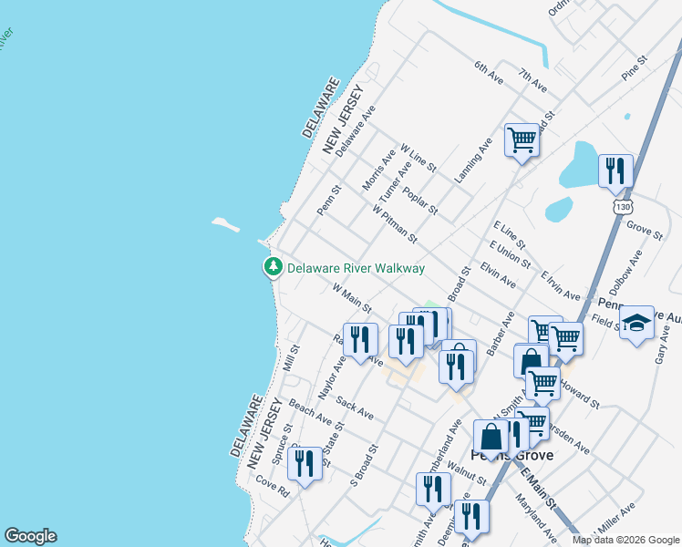 map of restaurants, bars, coffee shops, grocery stores, and more near 127 West Main Street in Penns Grove