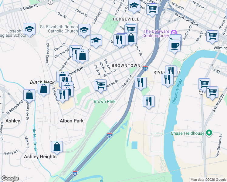 map of restaurants, bars, coffee shops, grocery stores, and more near 1100A Duncan Street in Wilmington