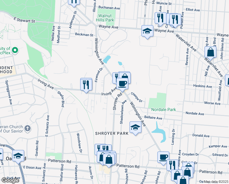 map of restaurants, bars, coffee shops, grocery stores, and more near 233 Shroyer Road in Dayton