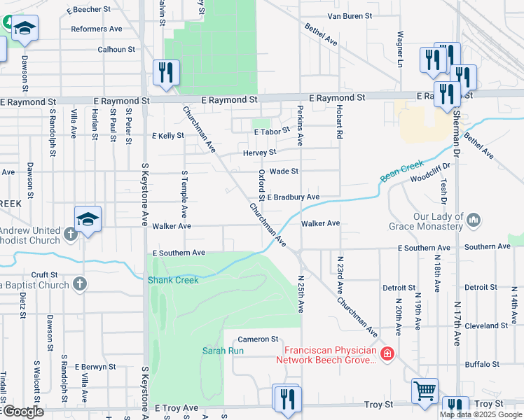 map of restaurants, bars, coffee shops, grocery stores, and more near 3016 Walker Avenue in Indianapolis