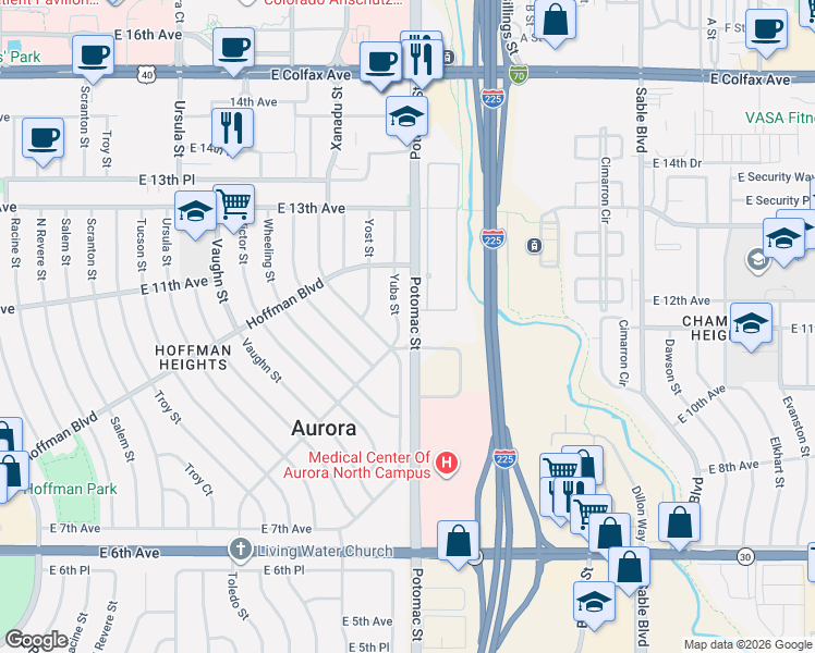 map of restaurants, bars, coffee shops, grocery stores, and more near 1042 Yuba Street in Aurora