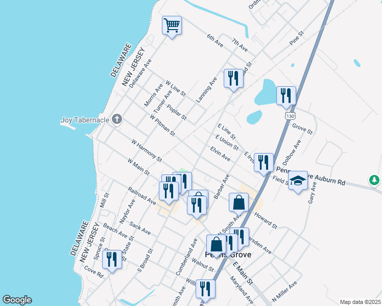 map of restaurants, bars, coffee shops, grocery stores, and more near 4 West Pitman Street in Penns Grove