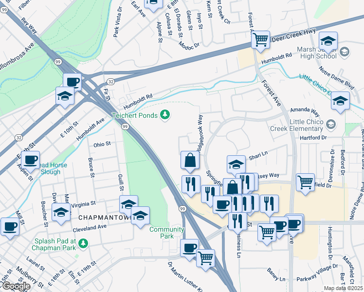 map of restaurants, bars, coffee shops, grocery stores, and more near 1619 Harvest Glen Drive in Chico