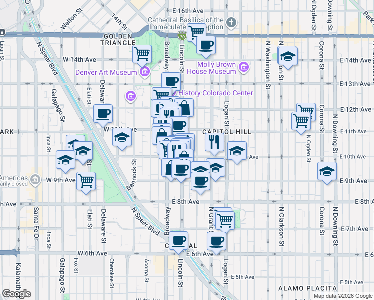 map of restaurants, bars, coffee shops, grocery stores, and more near 150 East 10th Avenue in Denver