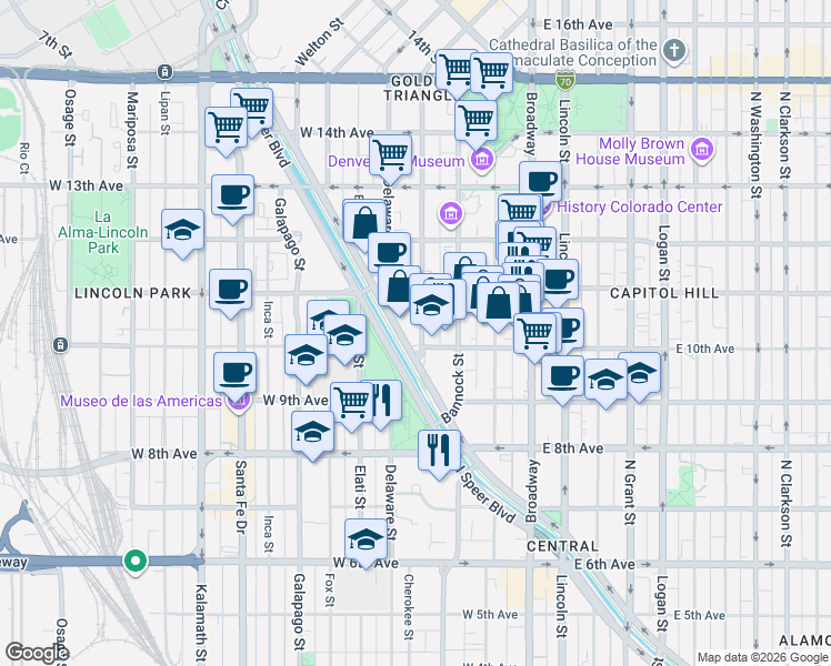 map of restaurants, bars, coffee shops, grocery stores, and more near 901 Cherokee Street in Denver