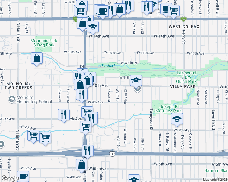 map of restaurants, bars, coffee shops, grocery stores, and more near 946 Xavier Street in Denver