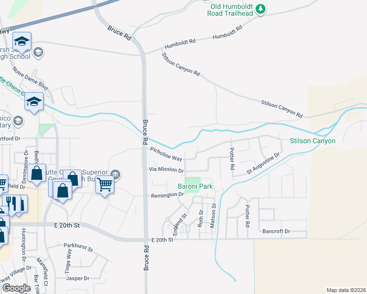 map of restaurants, bars, coffee shops, grocery stores, and more near 2 Baroni Drive in Chico