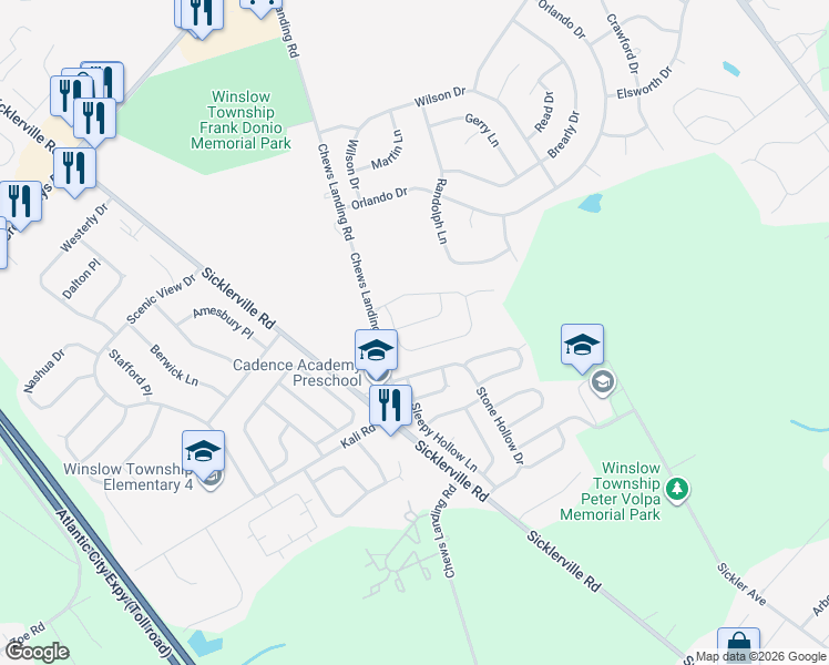 map of restaurants, bars, coffee shops, grocery stores, and more near 9 Concord Boulevard in Sicklerville