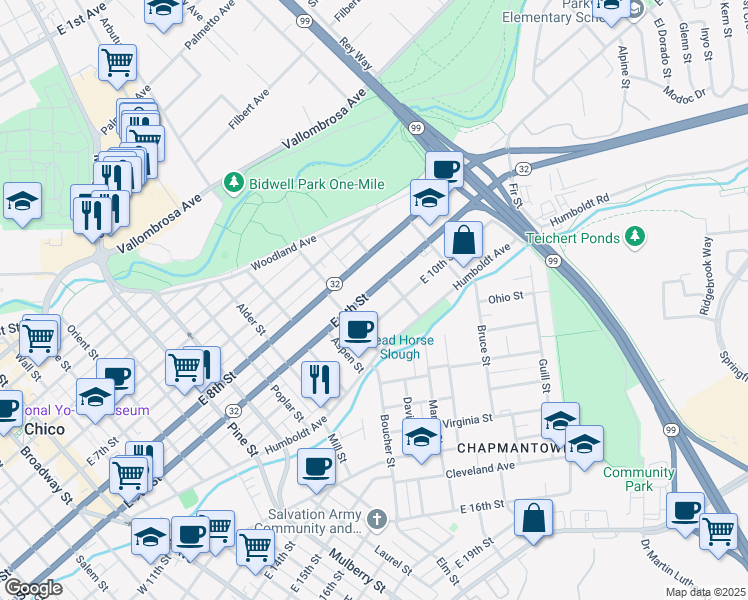map of restaurants, bars, coffee shops, grocery stores, and more near 1169 East 9th Street in Chico