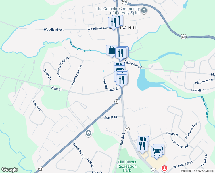 map of restaurants, bars, coffee shops, grocery stores, and more near 7 Eric Road in Harrison Township