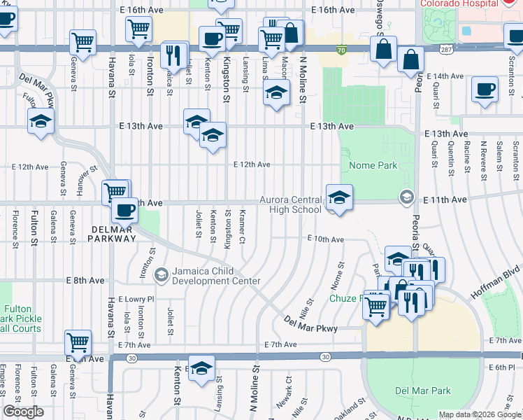 map of restaurants, bars, coffee shops, grocery stores, and more near 1040 Lima Street in Aurora