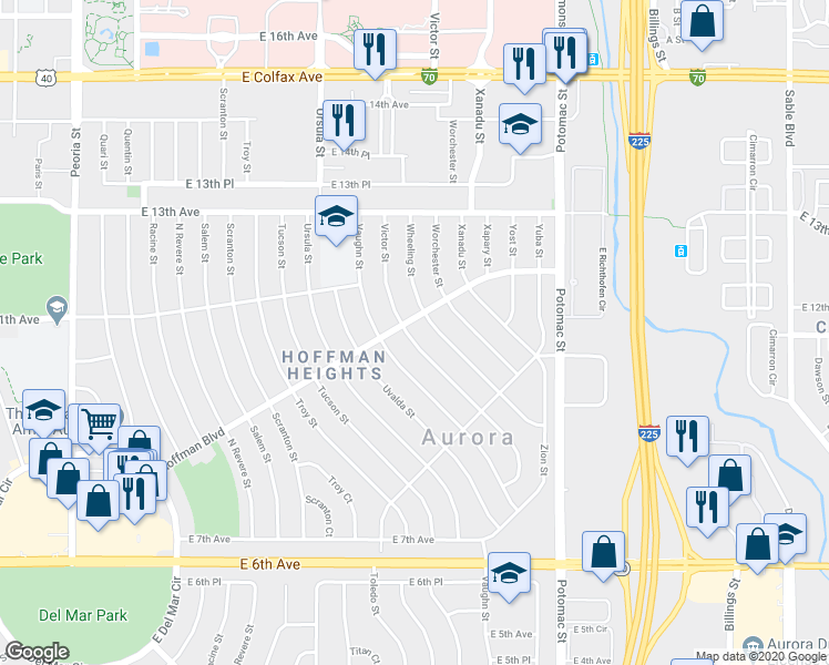 map of restaurants, bars, coffee shops, grocery stores, and more near 984 Victor Street in Aurora