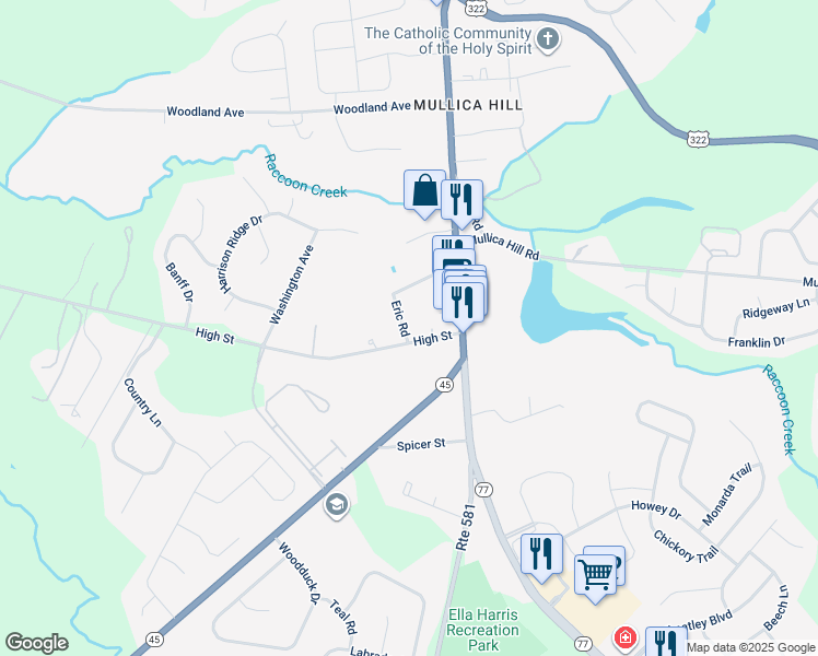 map of restaurants, bars, coffee shops, grocery stores, and more near 7 Eric Road in Harrison Township