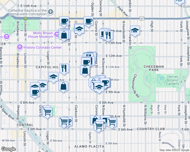 map of restaurants, bars, coffee shops, grocery stores, and more near 1050 East 10th Avenue in Denver