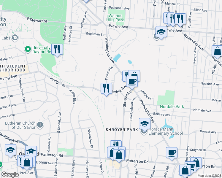 map of restaurants, bars, coffee shops, grocery stores, and more near 1126 Irving Avenue in Dayton