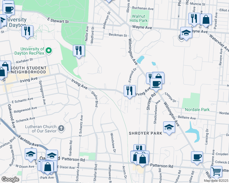 map of restaurants, bars, coffee shops, grocery stores, and more near 41 Irving Avenue in Dayton