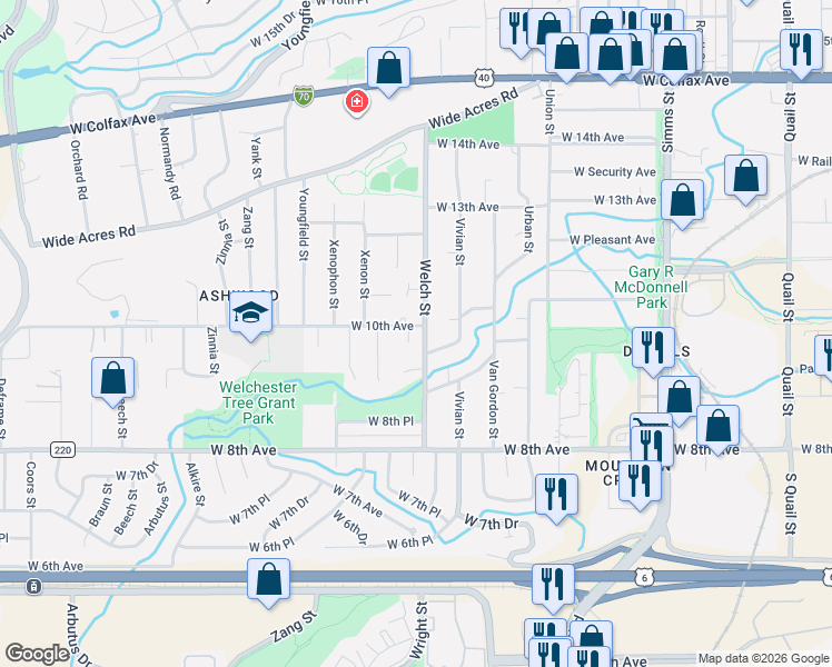 map of restaurants, bars, coffee shops, grocery stores, and more near 966 Welch Court in Golden