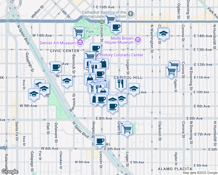 map of restaurants, bars, coffee shops, grocery stores, and more near 150 East 10th Avenue in Denver