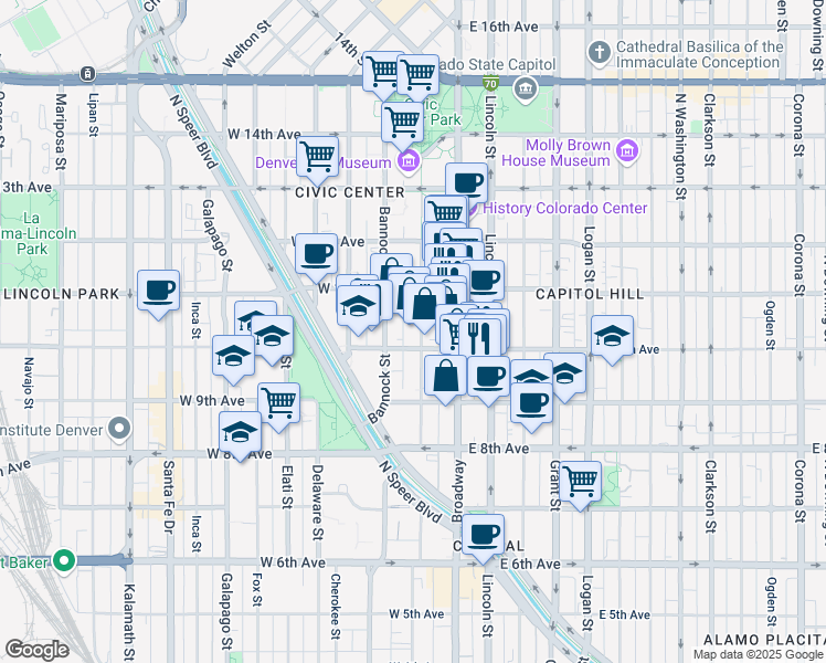 map of restaurants, bars, coffee shops, grocery stores, and more near in Denver