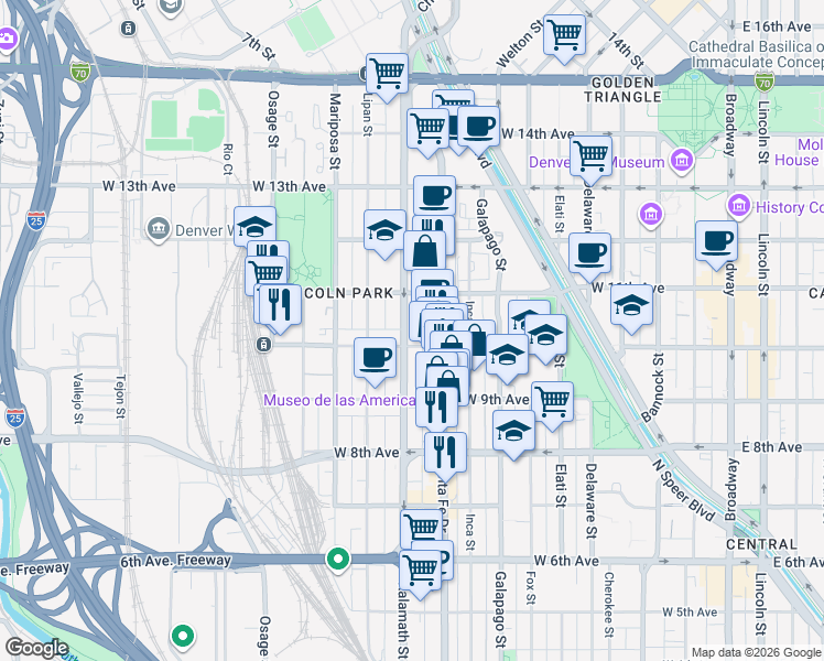map of restaurants, bars, coffee shops, grocery stores, and more near 990 Kalamath Street in Denver