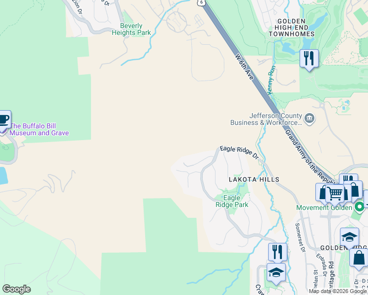 map of restaurants, bars, coffee shops, grocery stores, and more near 845 Shelton Road in Golden