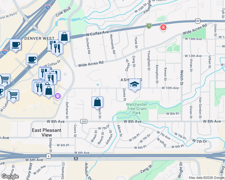 map of restaurants, bars, coffee shops, grocery stores, and more near 930 Alkire Street in Golden