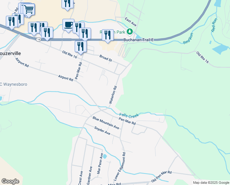 map of restaurants, bars, coffee shops, grocery stores, and more near 13366 Waterloo Road in Waynesboro