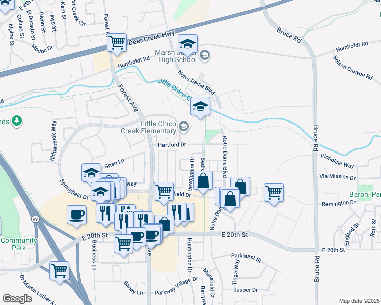 map of restaurants, bars, coffee shops, grocery stores, and more near 2099 Hartford Drive in Chico