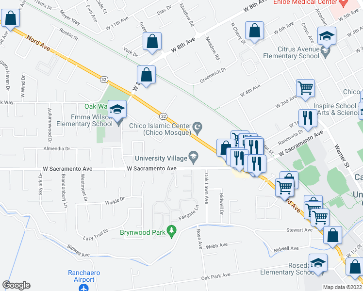 map of restaurants, bars, coffee shops, grocery stores, and more near 1373 Nord Avenue in Chico