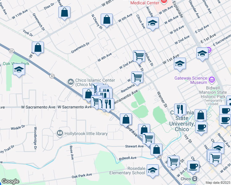 map of restaurants, bars, coffee shops, grocery stores, and more near 920 West Sacramento Avenue in Chico