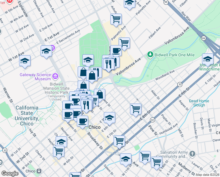map of restaurants, bars, coffee shops, grocery stores, and more near 488 East 3rd Street in Chico