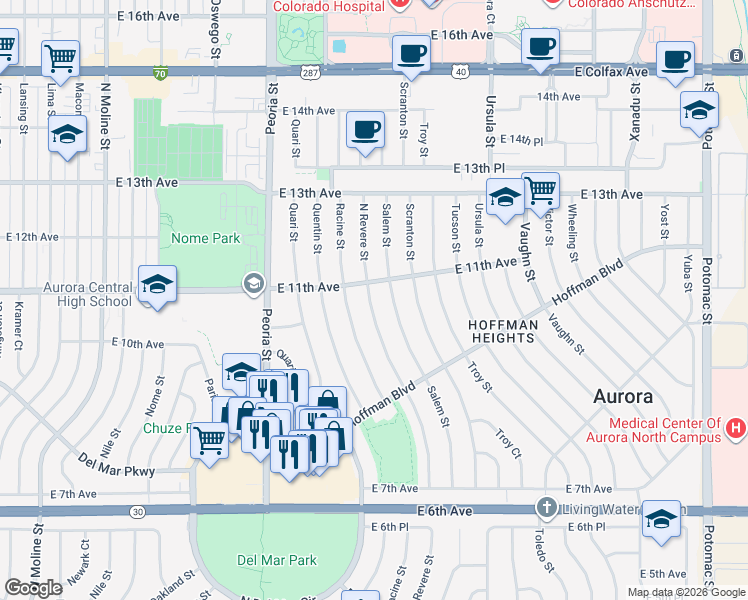map of restaurants, bars, coffee shops, grocery stores, and more near 1000 North Revere Street in Aurora