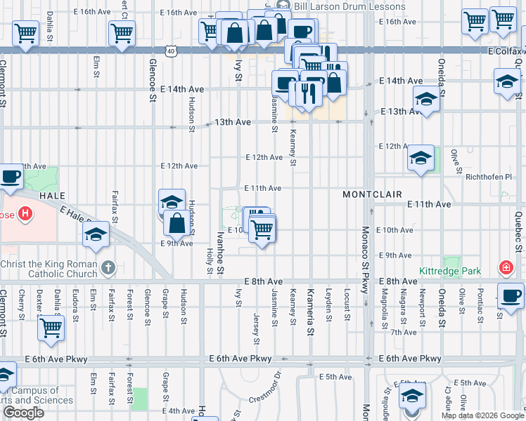 map of restaurants, bars, coffee shops, grocery stores, and more near 1020 Jersey Street in Denver