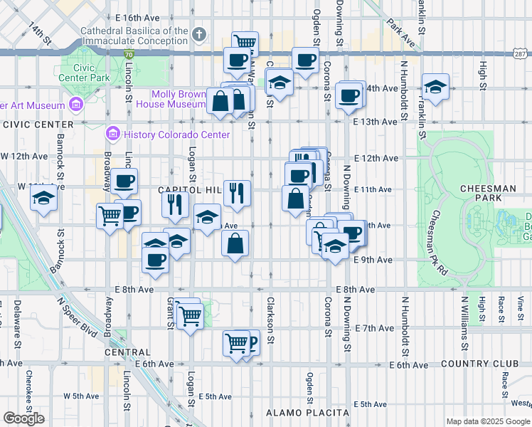 map of restaurants, bars, coffee shops, grocery stores, and more near 980 North Clarkson street in Denver