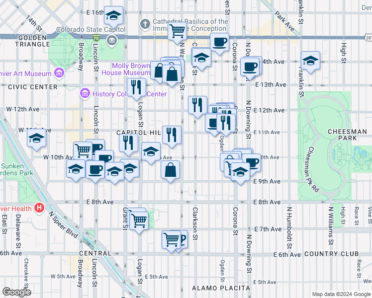 map of restaurants, bars, coffee shops, grocery stores, and more near 975 North Washington Street in Denver