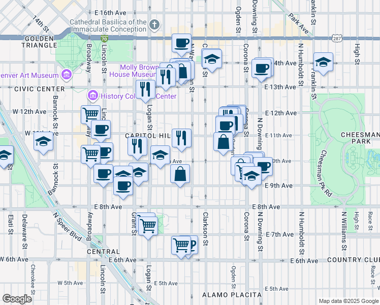 map of restaurants, bars, coffee shops, grocery stores, and more near 975 North Washington Street in Denver