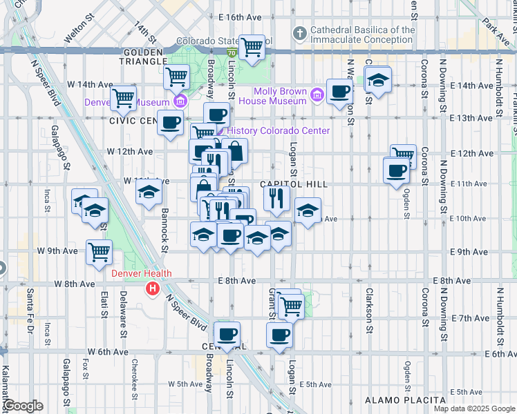 map of restaurants, bars, coffee shops, grocery stores, and more near 150 East 10th Avenue in Denver