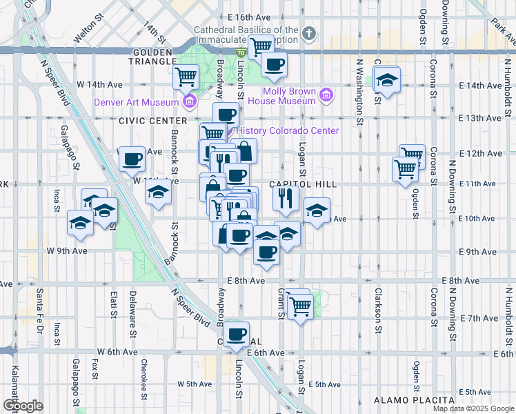 map of restaurants, bars, coffee shops, grocery stores, and more near 150 East 10th Avenue in Denver