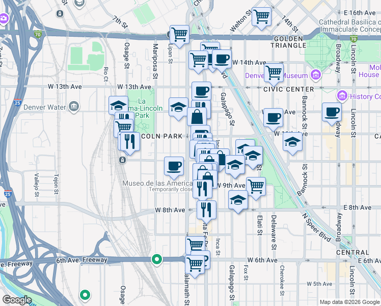 map of restaurants, bars, coffee shops, grocery stores, and more near 990 Kalamath Street in Denver