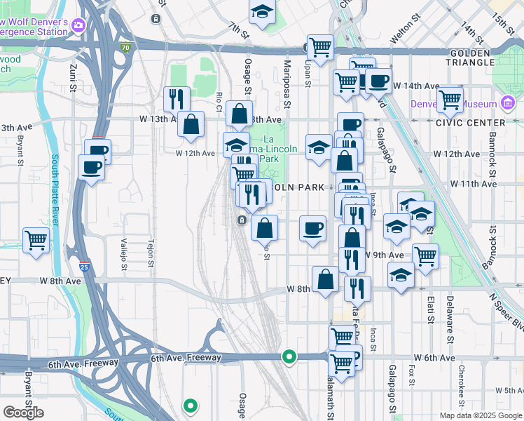map of restaurants, bars, coffee shops, grocery stores, and more near in Denver